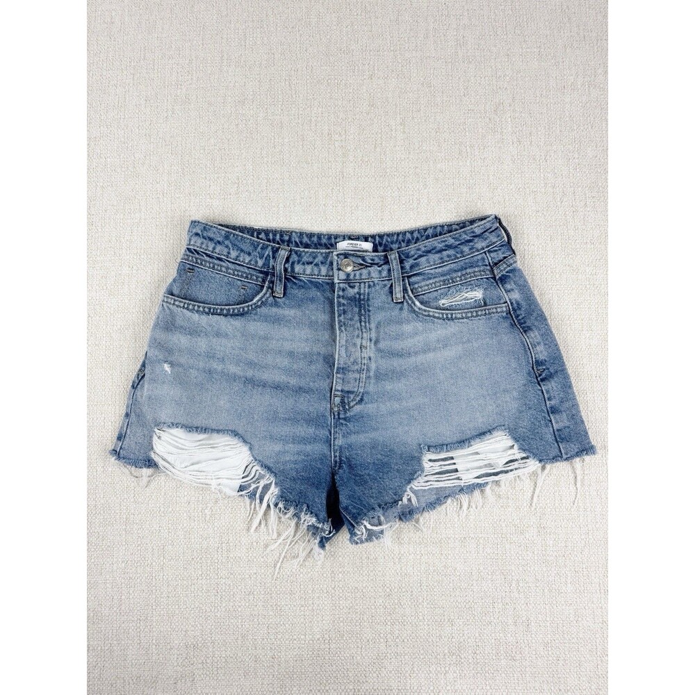 Forever  21 High Rise Button Fly Denim Shorts Size 29 Distressed Frayed Cut Off